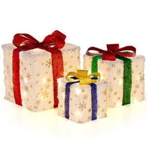 Conjunto de 3 caixas de presente LED com laço, 48 LEDs brancos quentes e temporizador, decoração de Natal à prova d'água.