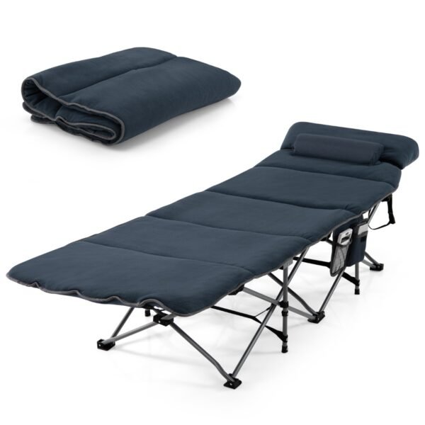 Cama de acampamento dobrável para viagem com bolsa de transporte, colchão e travesseiro removíveis - Azul