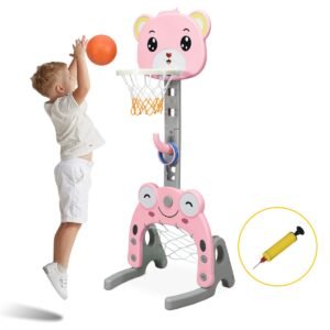 Conjunto 3 em 1 de Basquete com Cesta Ajustável em Altura, Gol de Futebol Americano e Jogo de Argolas Rosa