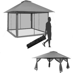 Gazebo de jardim 4 x 4 m com paredes laterais em tela, proteção UV 50+, cinza.