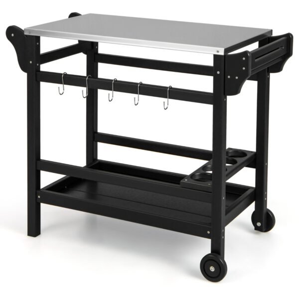 Carrinho de jantar móvel para exterior com mesa, suporte para forno de pizza em HDPE e tampo em aço inoxidável - Preto