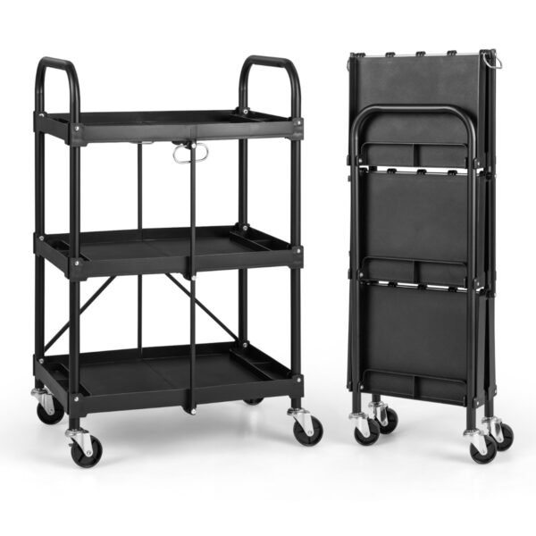 Carrinho dobrável de 3 níveis com rodas universais e corrimãos para casa/escritório/cozinha