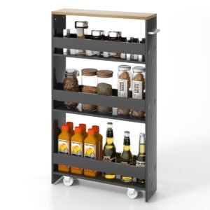 Carrinho de cozinha com nicho de 4 níveis, rodízios, em madeira com alça, 48 x 13 x 81 cm, cinza + natural.