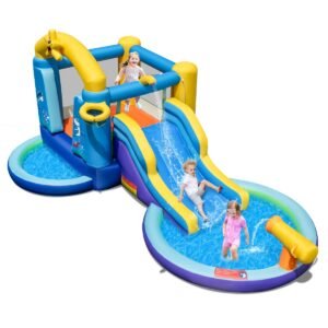 Parque Aquático Inflável com 2 Piscinas, Soprador de 680W e Canhão de Água Azul