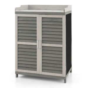 Bancada de jardinagem com 2 prateleiras de armazenamento e tampo de metal cromado - Cinza