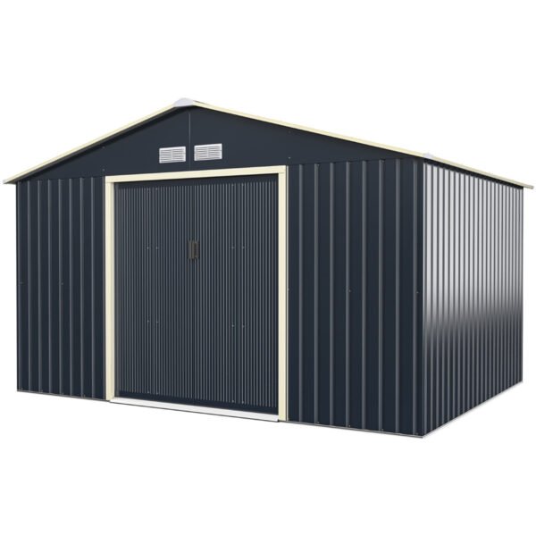 Abrigo de arrumação exterior com 4 aberturas de ventilação e porta dupla de correr - 340x255cm