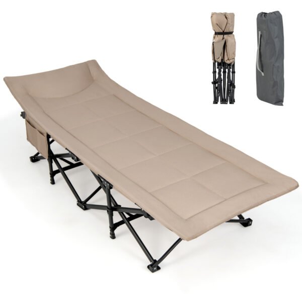 Cama de acampamento dobrável com bolsa de transporte, almofada e apoio de cabeça - cáqui