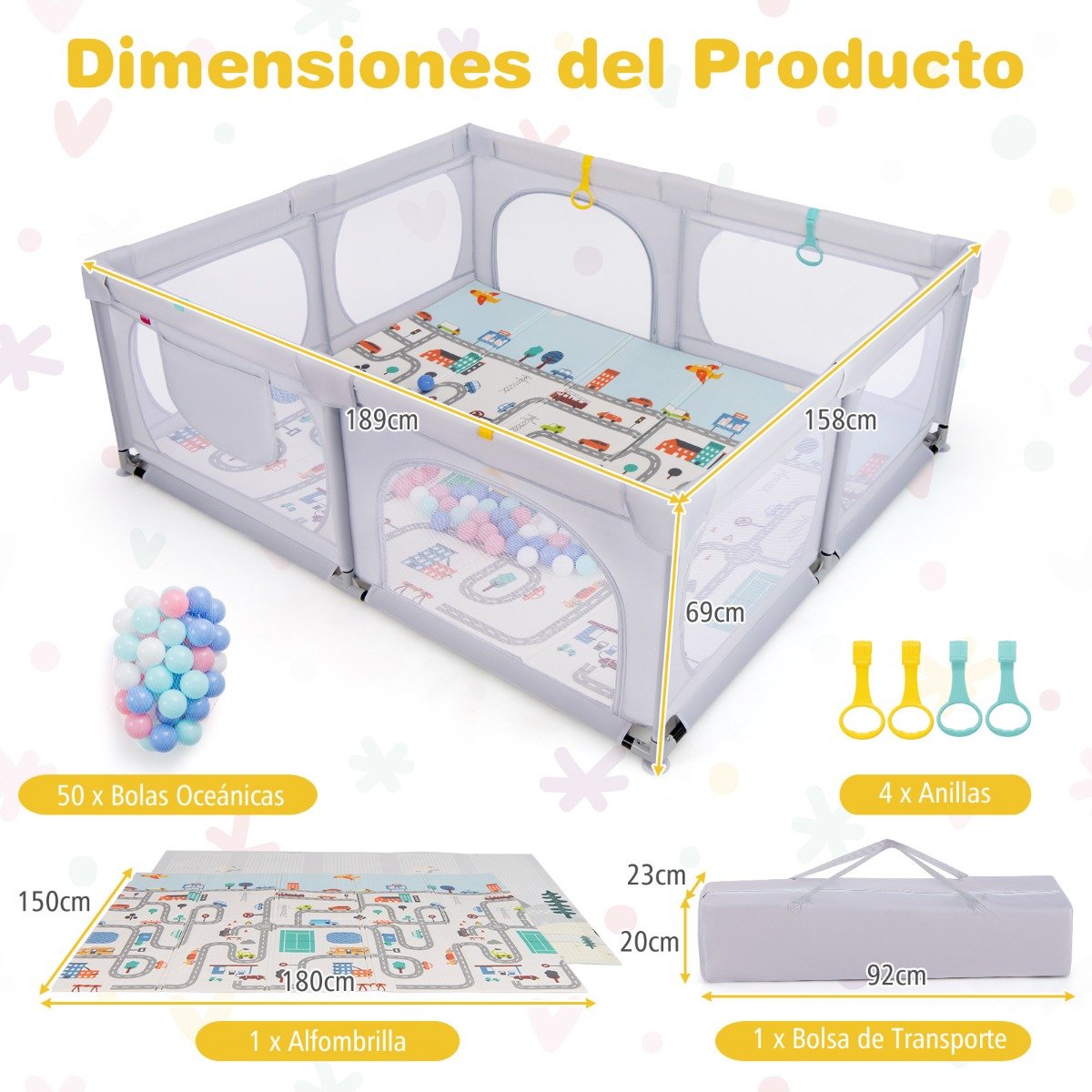 Cercadinho para Bebê com Colchão, 50 Bolinhas, 4 Argolas para Puxar e 4 Portas com Zíper - Cinza Claro - Image 3