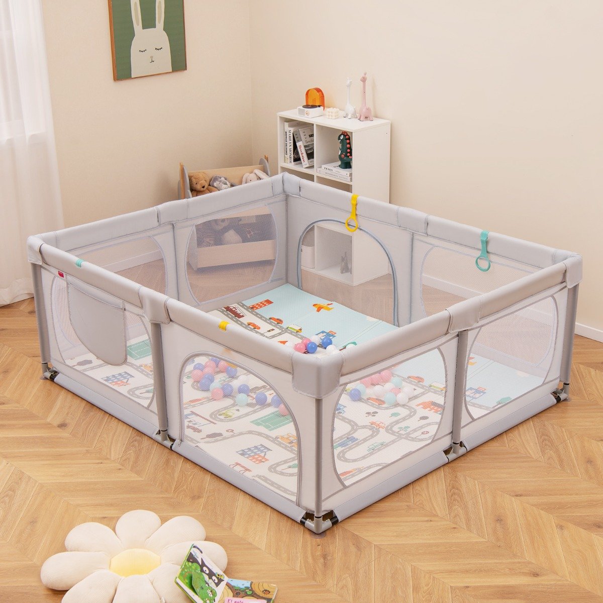 Cercadinho para Bebê com Colchão, 50 Bolinhas, 4 Argolas para Puxar e 4 Portas com Zíper - Cinza Claro - Image 2