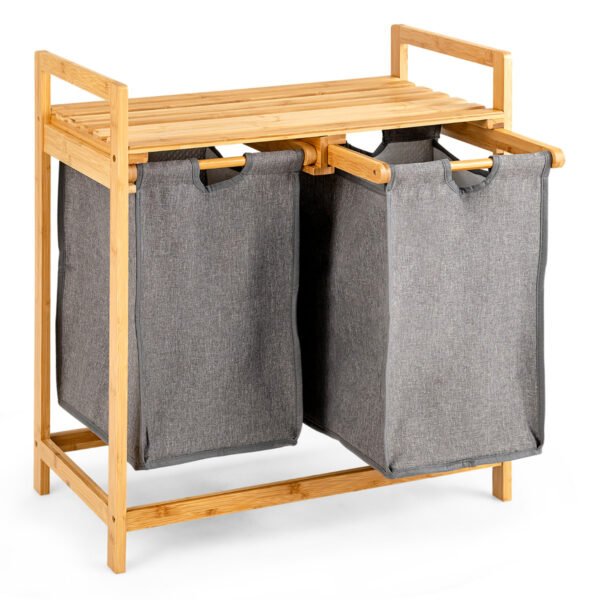 Cesto de roupa suja de bambu com 2 compartimentos para banheiro