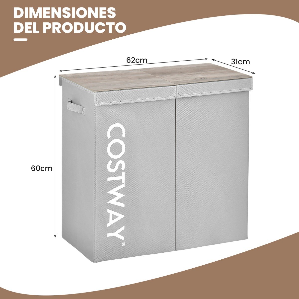 Cesto de roupa suja de 105 litros com tampa de madeira e 2 divisórias - Cinza - Image 3