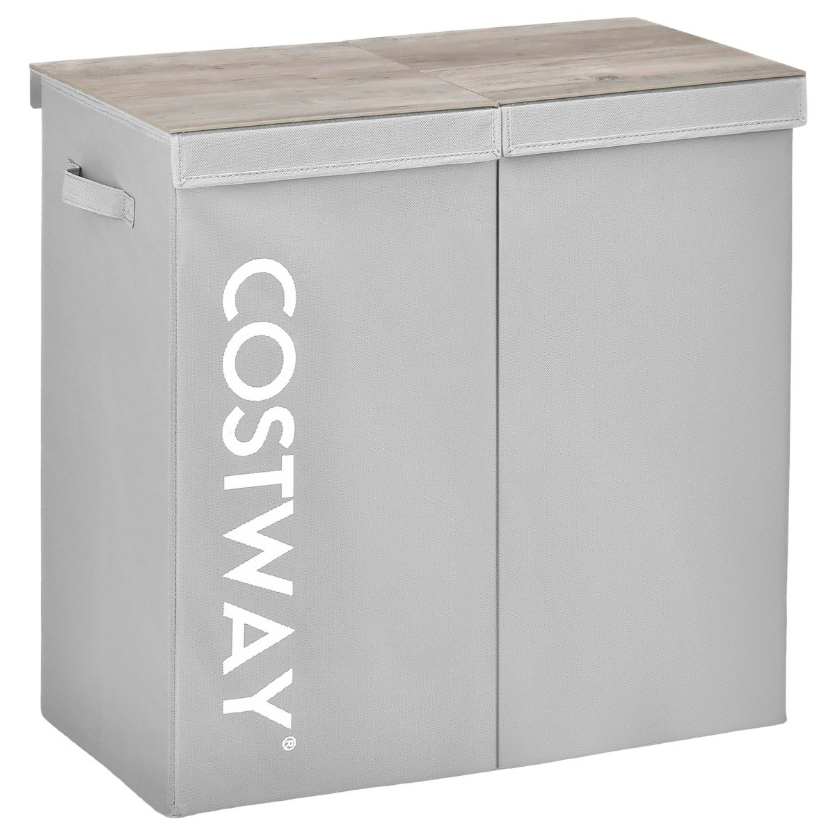 Cesto de roupa suja de 105 litros com tampa de madeira e 2 divisórias - Cinza