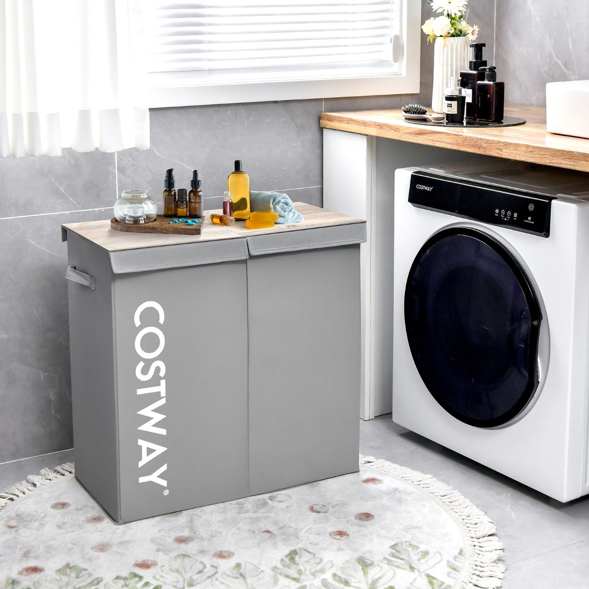 Cesto de roupa suja de 105 litros com tampa de madeira e 2 divisórias - Cinza - Image 2