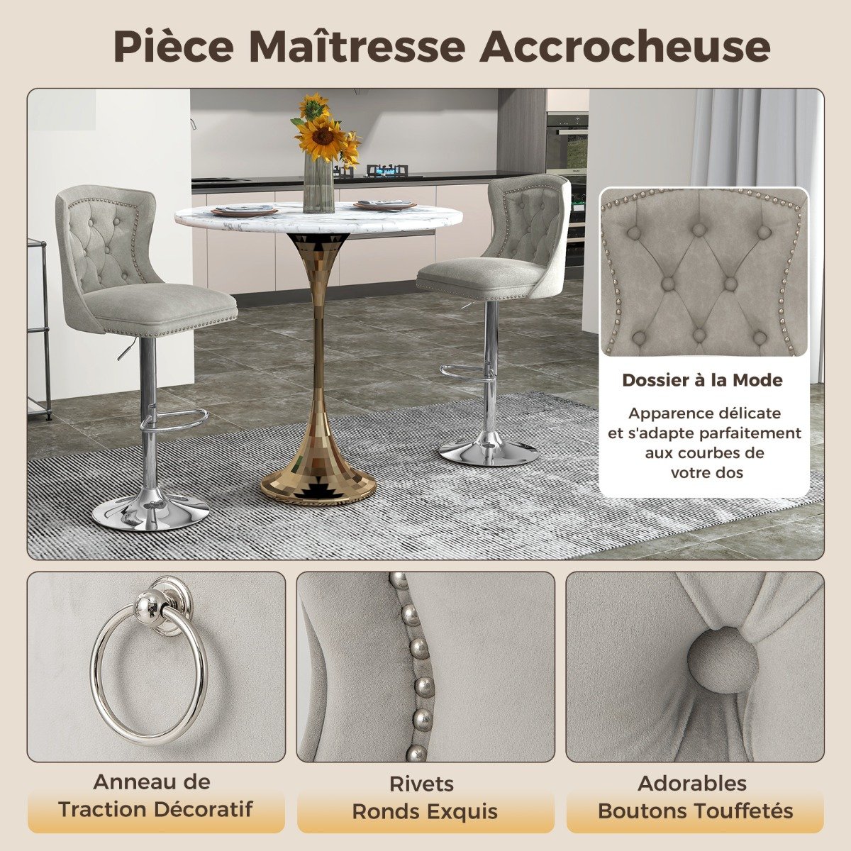 Conjunto de 2 cadeiras de bar com apoio para os pés, base de metal galvanizado e anel antiderrapante - bege - Image 2