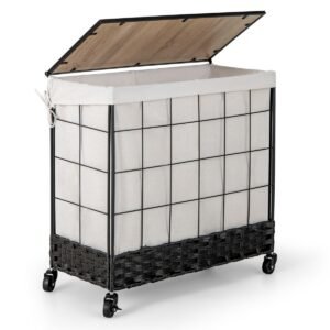Cesto de roupa suja de rattan trançado à mão com tampa e rodízios com trava, grande capacidade de 110L/130L - G