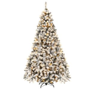 Árvore de Natal artificial de abeto coberta de neve com luzes LED e base de metal de 225 cm