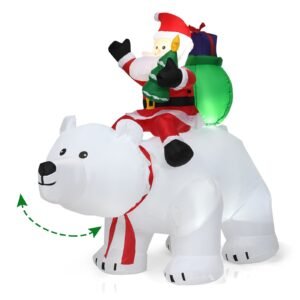 Urso polar inflável com Papai Noel para decoração de Natal no jardim.