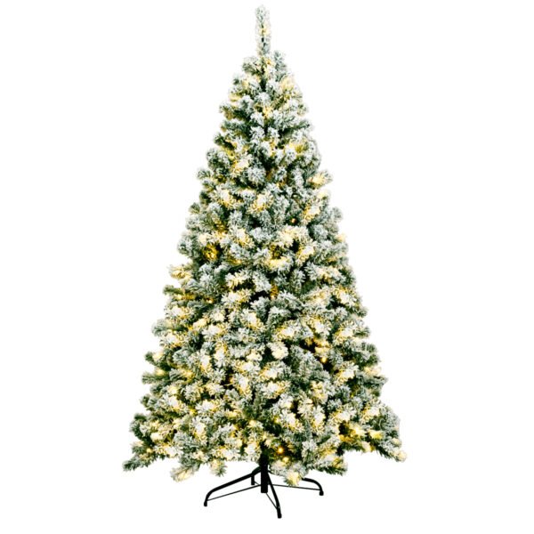 Árvore de Natal artificial coberta de neve, com 180 cm de altura e base de metal.