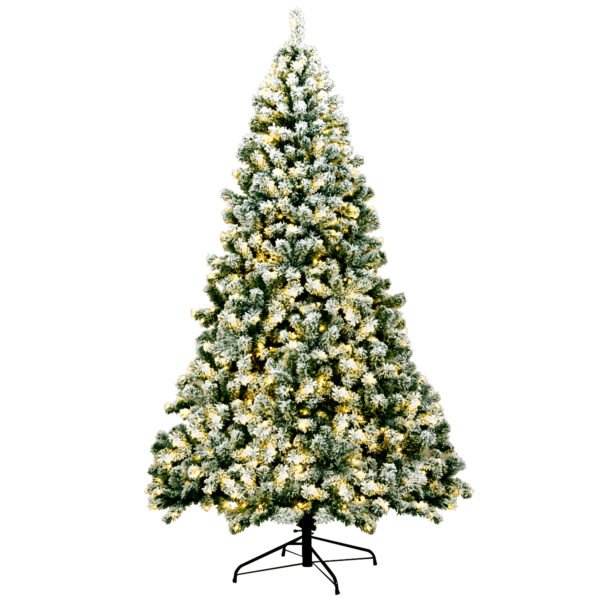 Árvore de Natal nevada com base metálica e luzes LED de 225 cm