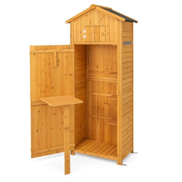 Armário para ferramentas de jardim de 180 cm de altura com portas com fechadura e mesa dobrável - Cor natural