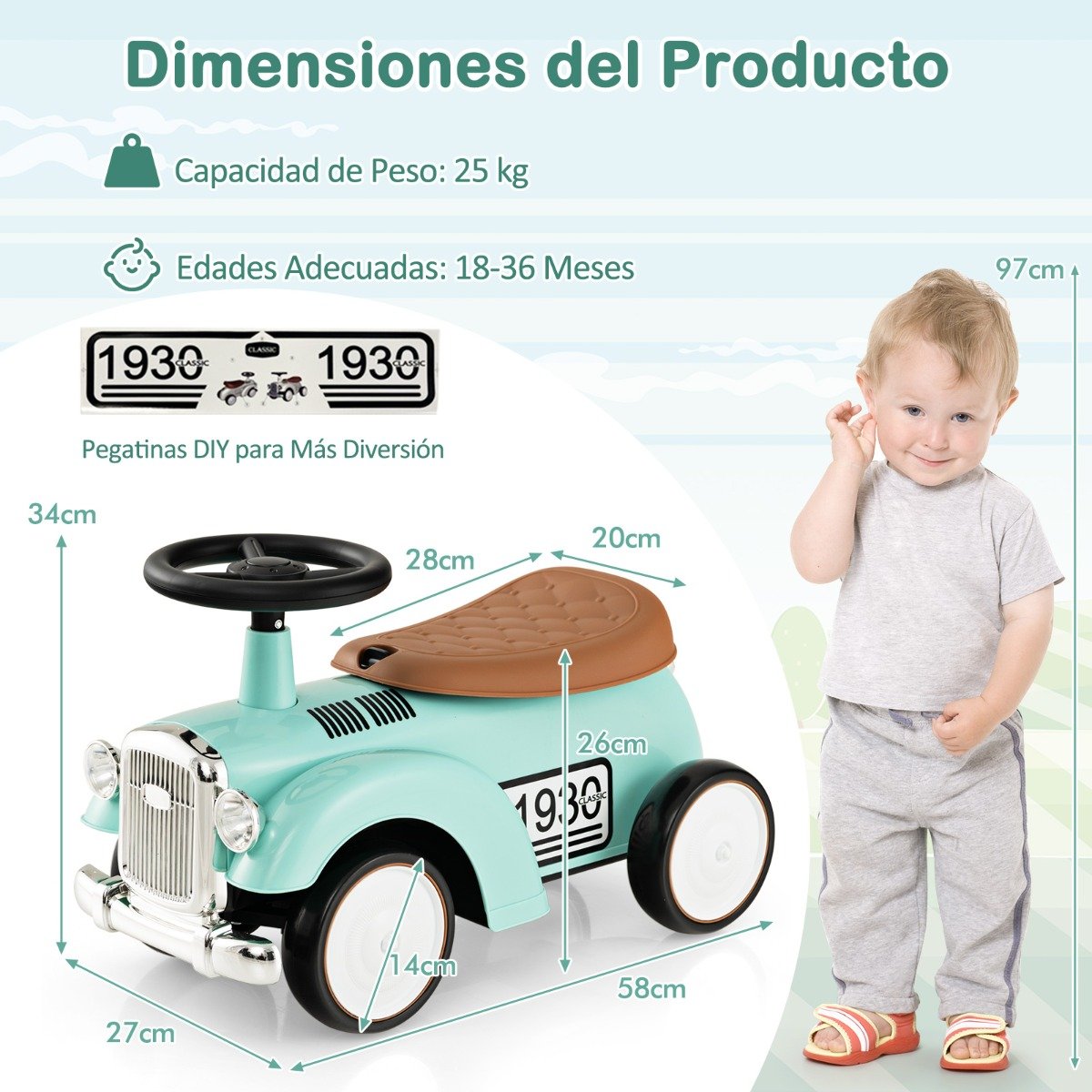 Carrinho infantil com função de sentar e levantar, volante funcional e compartimento de armazenamento sob o assento - Verde - Image 3