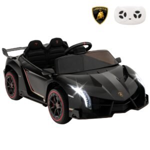 Carrinho elétrico infantil Lamborghini com controle remoto, faróis de LED, buzina e música, preto.