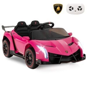 Carrinho elétrico infantil Lamborghini com controle remoto, faróis de LED, buzina e música. Cor rosa.