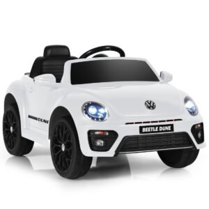 Carrinho infantil VW Beetle com música e 2 modos de iluminação, incluindo controle remoto 2.4G branco.