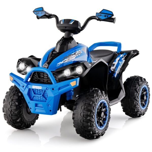 Quadriciclo elétrico infantil 12V com buzina musical e farol de LED, azul.