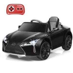 Carrinho elétrico infantil Lexus LC500 preto com controle remoto 2.4G, luzes de LED e música.
