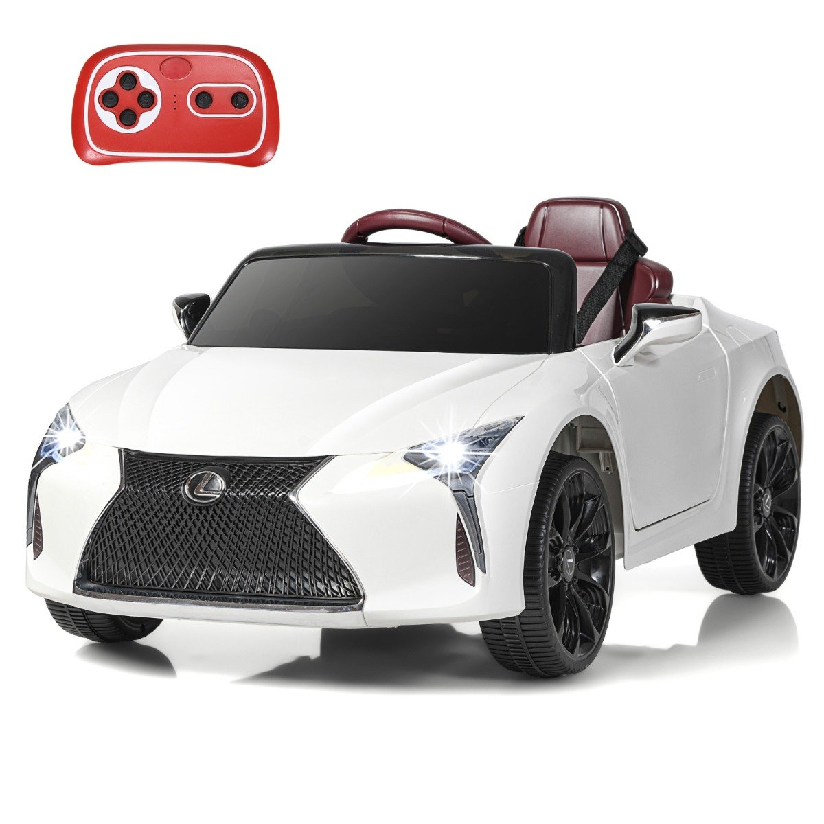 Carrinho elétrico infantil Lexus LC500 branco com controle remoto 2.4G, luzes de LED e música.