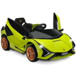 Carrinho elétrico infantil Lamborghini 12V com controle remoto 2.4G, velocidade de 3 a 5 km/h e MP3, verde.