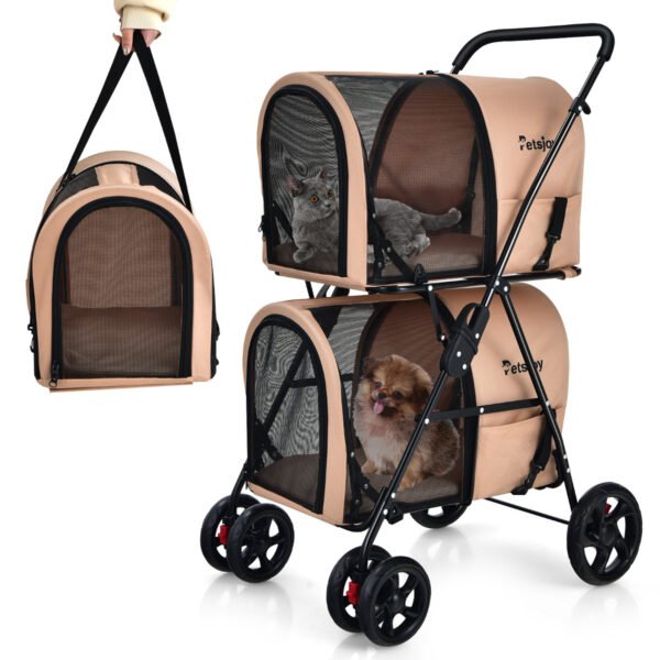 Carrinho de passeio duplo 4 em 1 para animais de estimação com transportadora removível para gatos - Bege