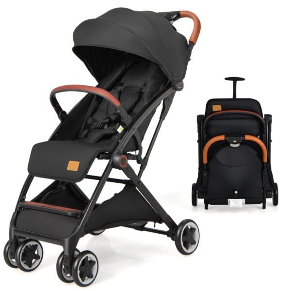 Carrinho de bebê dobrável para viagem com encosto ajustável e capota, com porta-copos, preto.