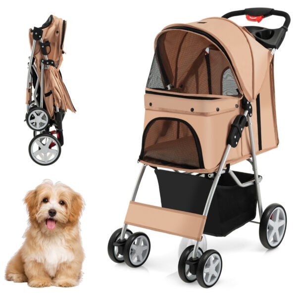 Carrinho de passeio dobrável para animais de estimação com 4 rodas, janelas de tela e cesto de armazenamento - Bege