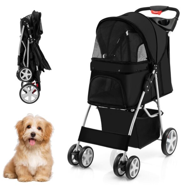 Carrinho de passeio dobrável para animais de estimação com 4 rodas, janelas de tela e cesto de armazenamento - Preto