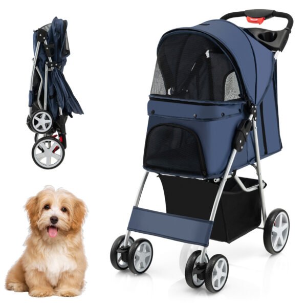 Carrinho de passeio dobrável para animais de estimação com 4 rodas, janelas de tela e cesto de armazenamento - Azul Marinho