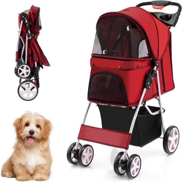 Carrinho de passeio dobrável para cães com cesto de armazenamento, porta-copos e janela de tela, com 4 rodas, vermelho.