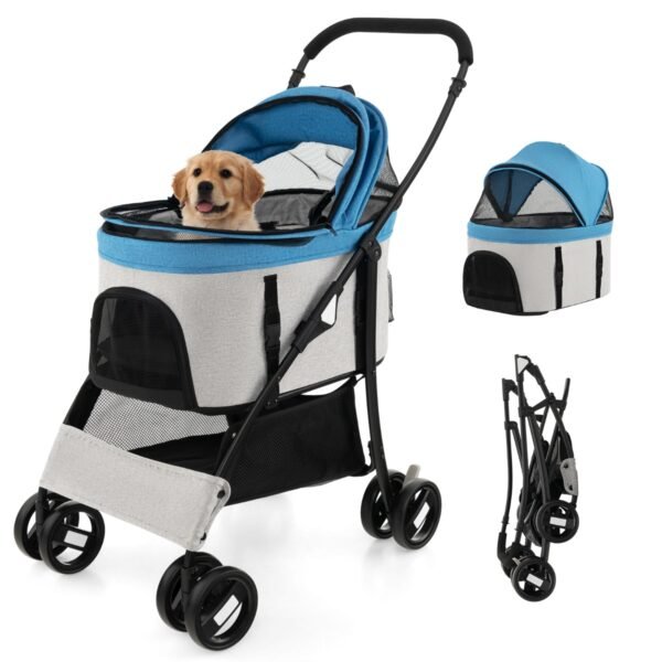 Carrinho dobrável para animais de estimação com capota ajustável em 4 níveis e cesto de armazenamento - Azul