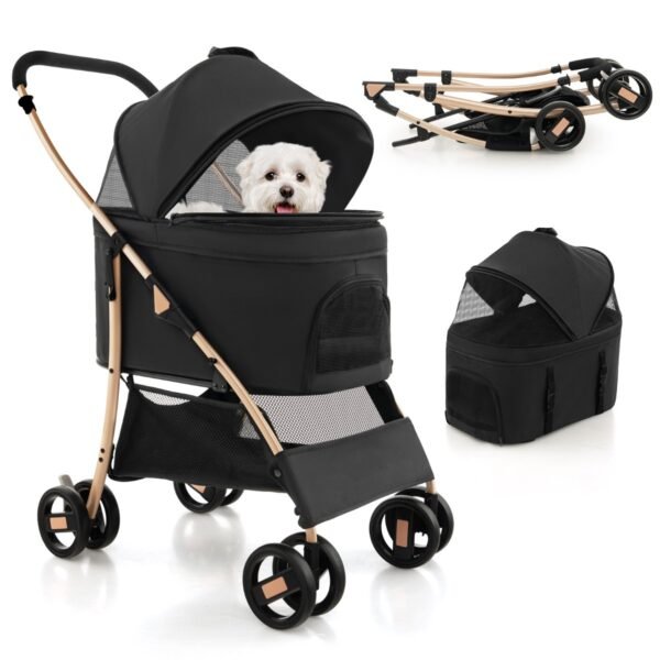 Carrinho de passeio 3 em 1 para animais de estimação com assento de carro removível - Preto