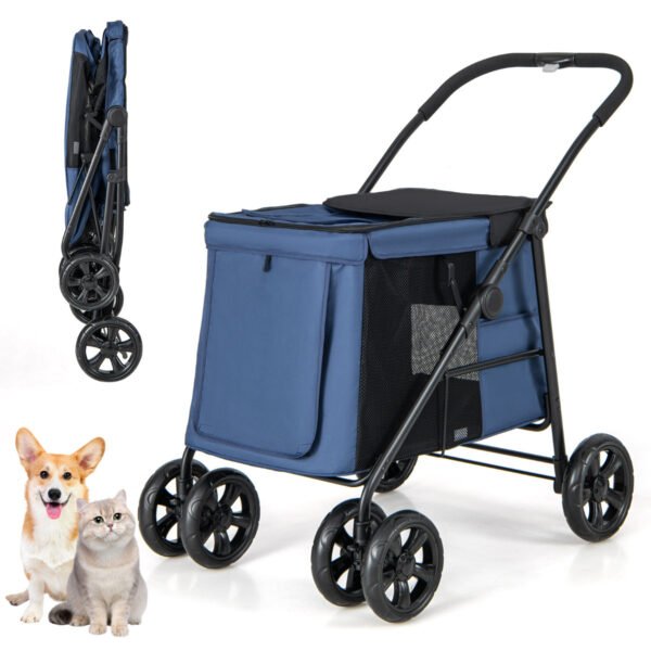 Carrinho dobrável para animais de estimação de pequeno e médio porte com tela respirável e fechamento com um botão - Azul