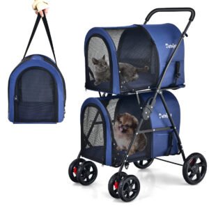 Carrinho de passeio duplo 4 em 1 para animais de estimação com transportadora removível para gatos - Azul Marinho