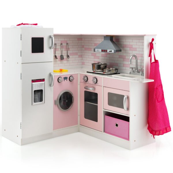 Conjunto de cozinha infantil de faz de conta com utensílios de cozinha e avental.