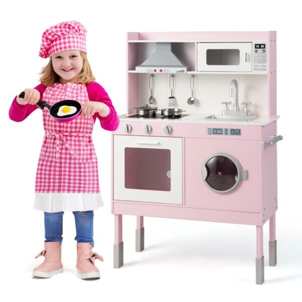 Cozinha de madeira ajustável para crianças com máquina de lavar roupa - Rosa