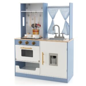 Conjunto de cozinha de madeira com utensílios e espaço para guardar coisas, ideal para crianças - Azul