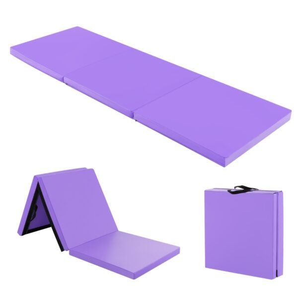 Tapete de ginástica dobrável em três partes, 1,83 m x 0,61 m, com alças e capa removível com zíper - Roxo