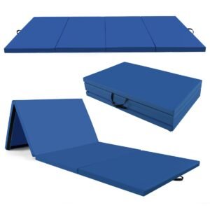 Tapete de exercícios dobrável de couro PU com 4 painéis e alças para transporte - Azul Marinho