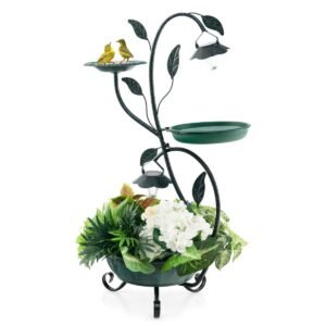 Combinação de alimentador solar para pássaros ao ar livre com pedestal para plantador de flores e luzes solares - cobre