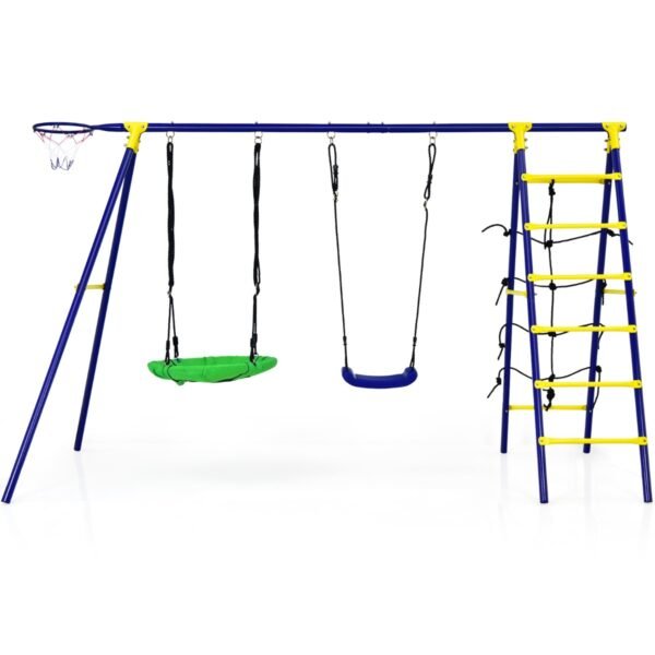 Conjunto de balanço infantil 5 em 1 para quintal com estrutura metálica em formato de A.