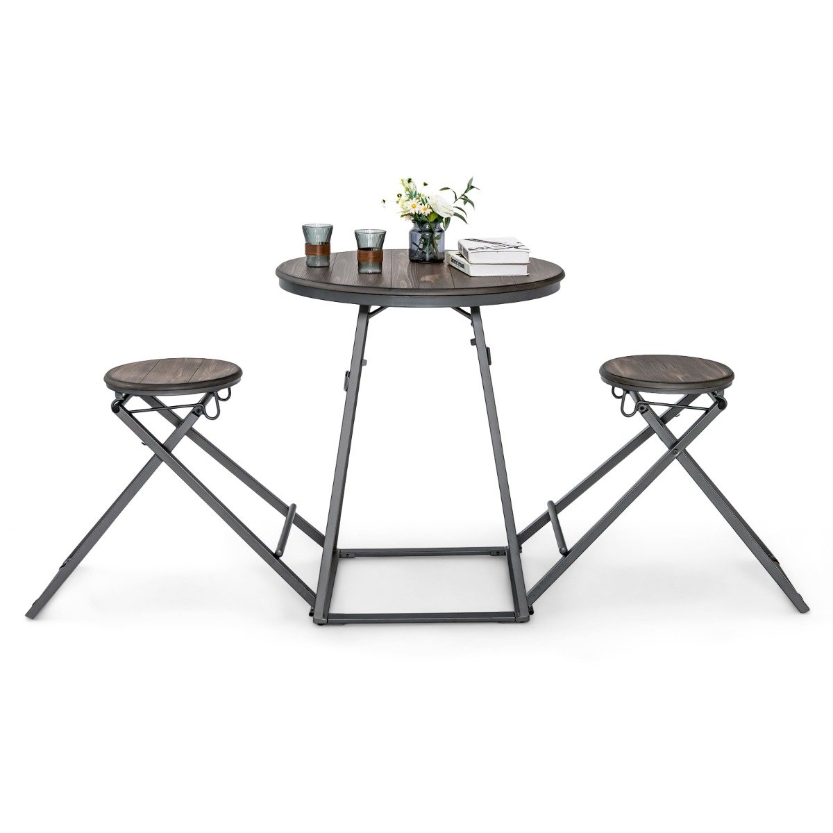 Conjunto de mesa de jantar de 3 peças com 2 banquetas dobráveis para espaços pequenos - Cinza